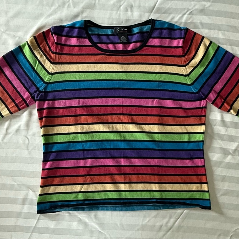 City Silk Colorful Striped Silk Crew Neck Sweater SZ XL